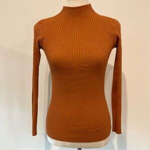 Retro Vintage Camel Rust Mock turtle Neck Long Sleeve Soft Ribbed Knit Sweater